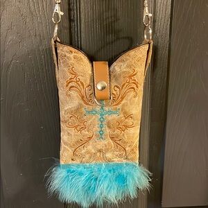Embroidered Tan Crossbody Bag with Blue Feather Trim
